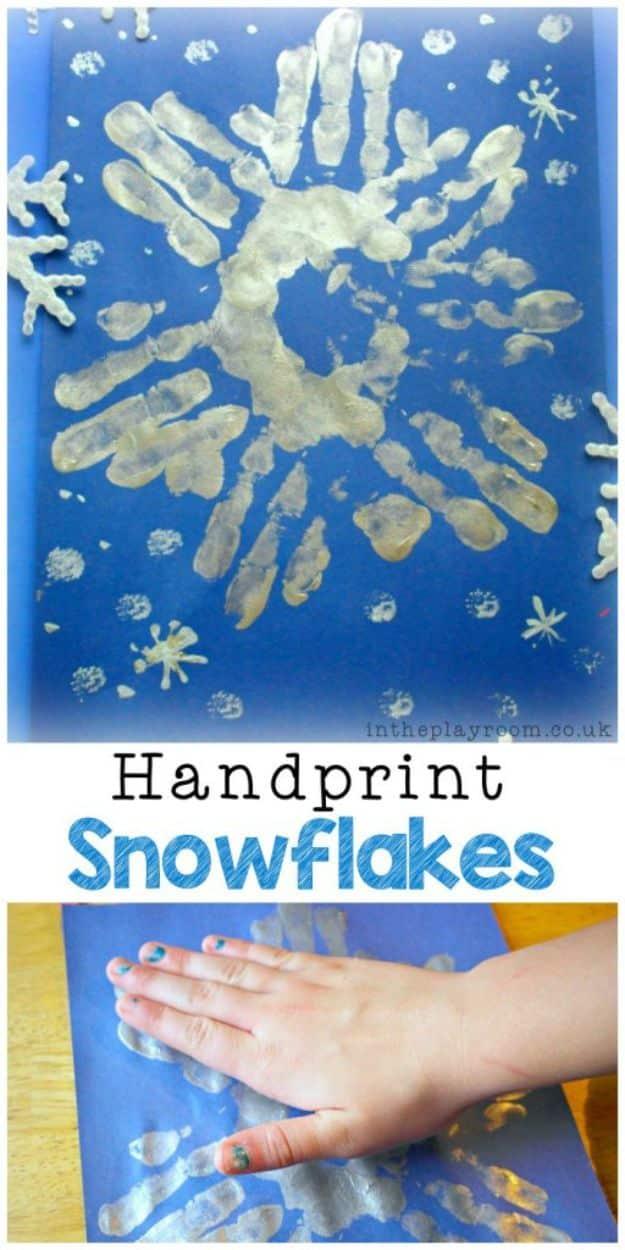 White handprint snowflake on dark blue paper beside an inset photo of a child pressing a hand into silver paint
