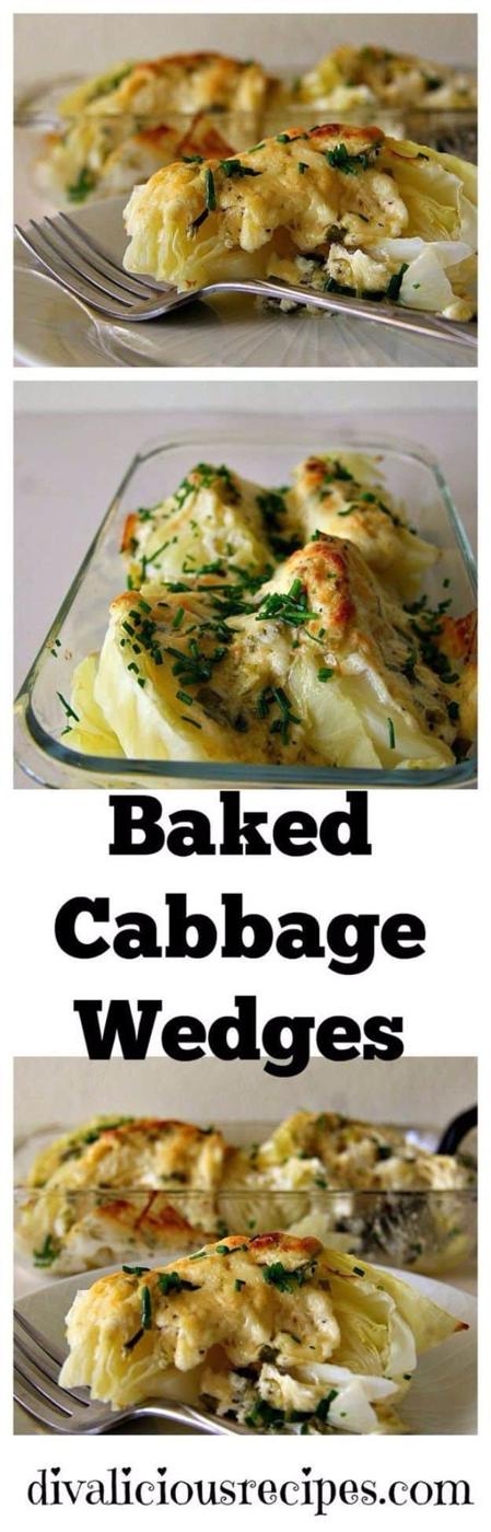 Baked cabbage wedges in a small dish under a creamy parmesan sauce and sprinkled with chopped fresh parsley