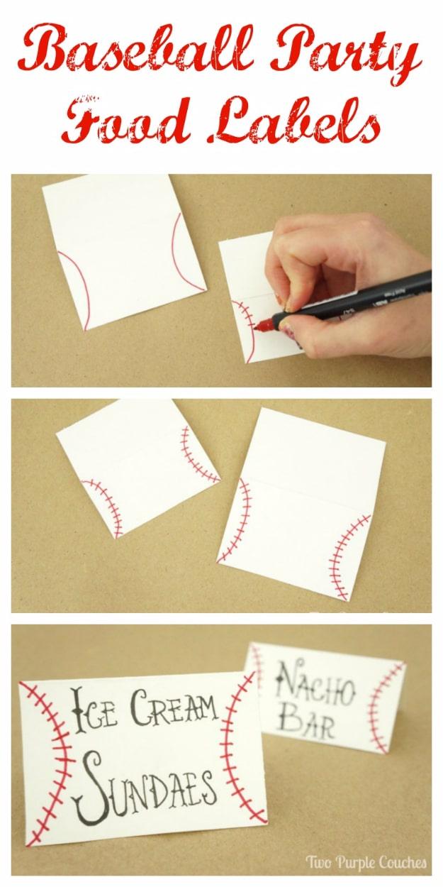 Baseball food labels drawn on white card with red stitching and hand lettering, shown in three assembly steps