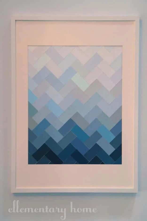 DIY Paint Chip Ombre Herringbone Wall Art, a budget wedding present, doable in a single sitting with basic tools