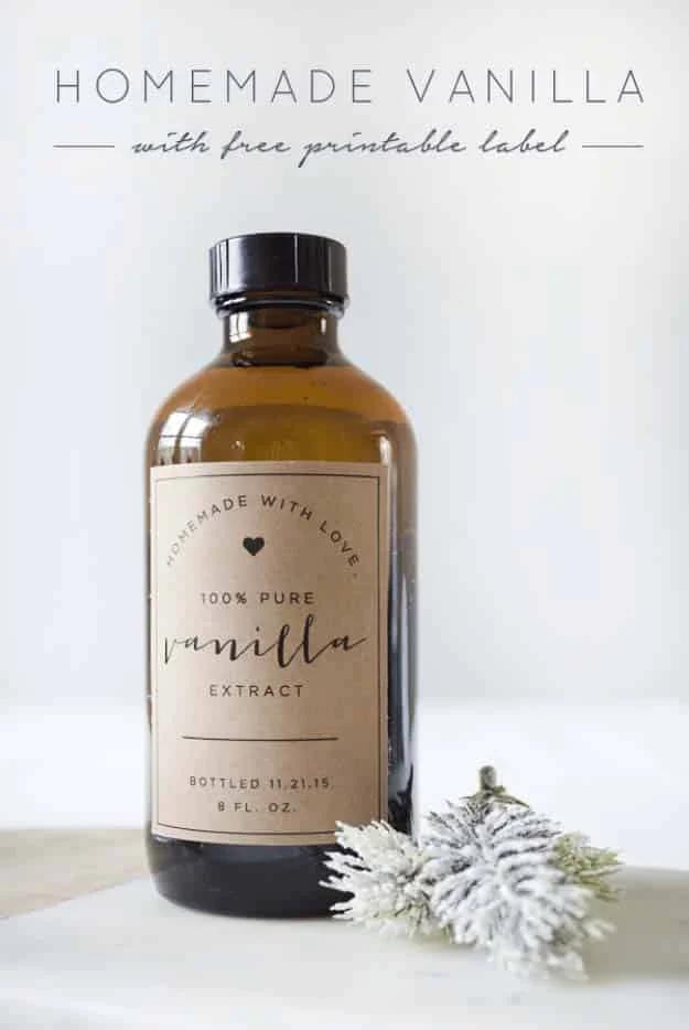 Homemade vanilla bottled with free printable labels, a budget friendly craft fair item made from vanilla beans and vodka