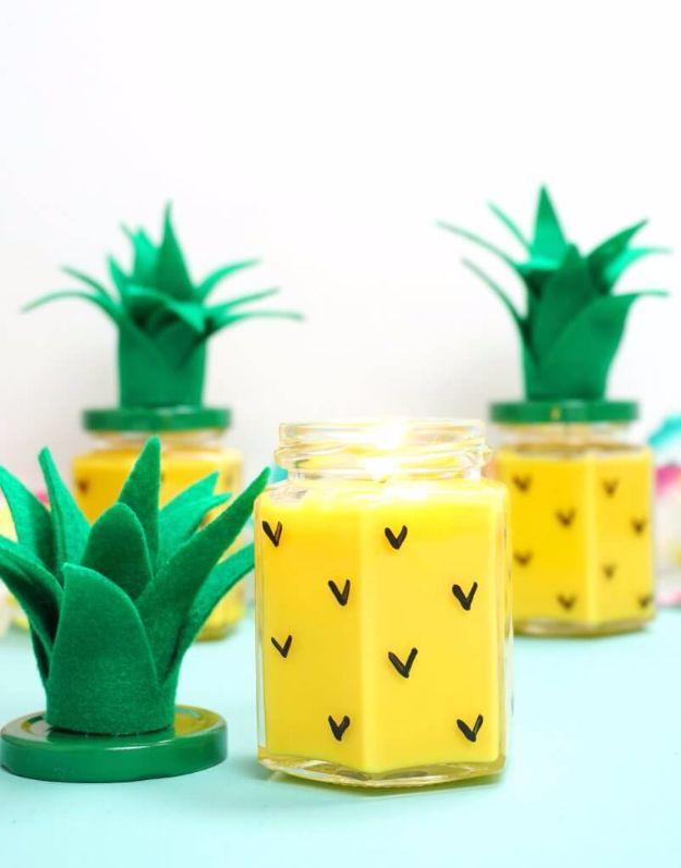 Gold pineapple shaped candles made at home, a cute handmade Valentine's Day gift idea for her in a gift box