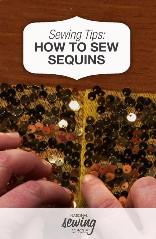 Two hands working on gold and black sequin fabric under a title reading Sewing Tips How to Sew Sequins