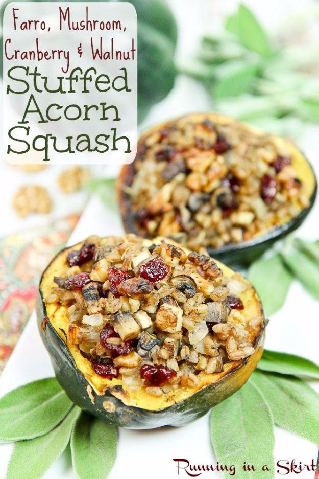 Acorn squash halves stuffed with cooked farro, diced portobello mushrooms, walnuts and dried cranberries