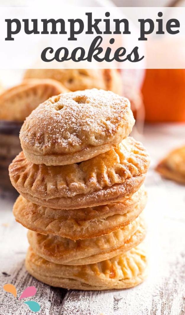 Typeset graphic titled pumpkin pie cookies, a tall stack of crimped sugar dusted pastry rounds on white wood