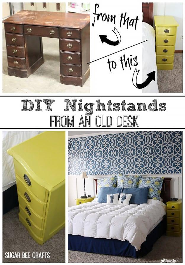 Four panel graphic of a battered wooden desk, the words DIY Nightstands from an Old Desk, and two chartreuse nightstands