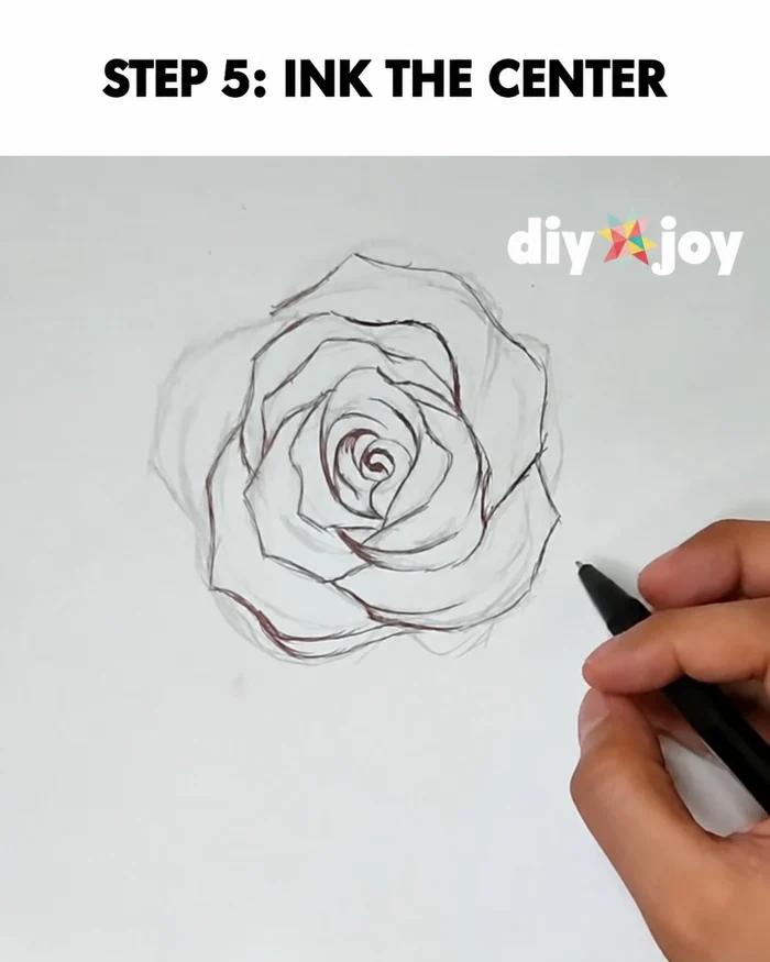 How to draw a rose - inking the center of the flower with a black pen