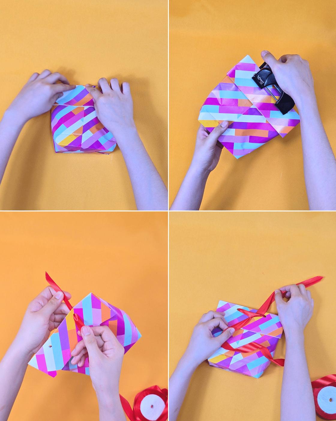 Handmade Gift Ideas - sunglasses tucked into a striped paper gift bag while red ribbon is tied around the neck