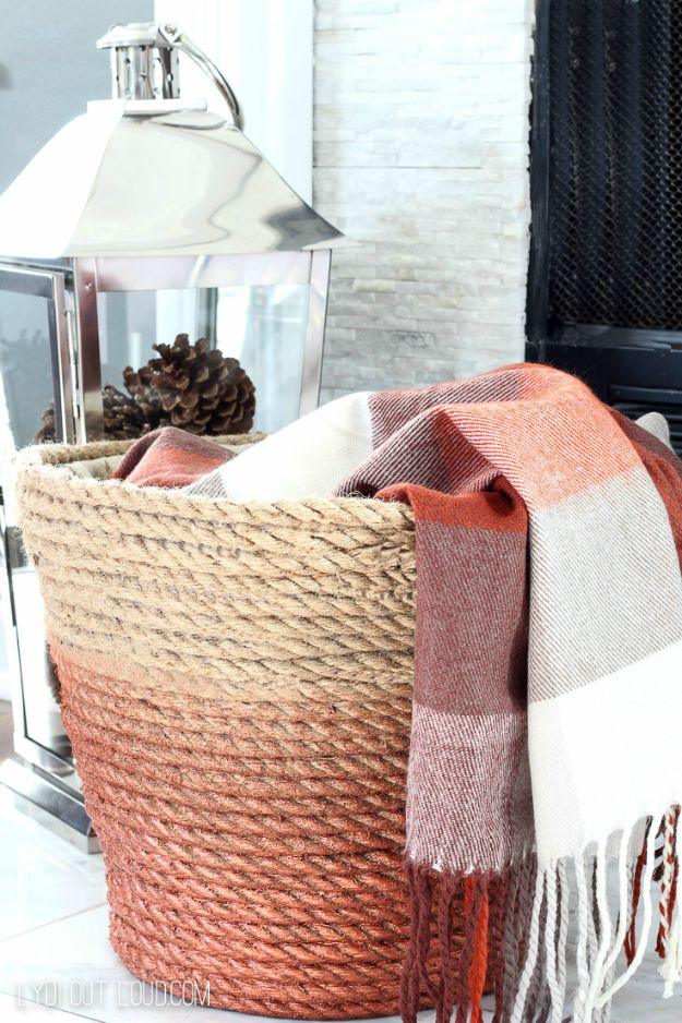 DIY Metallic Rope Throw Basket, a popular choice on this list and a favorite budget living room decor idea worth copying