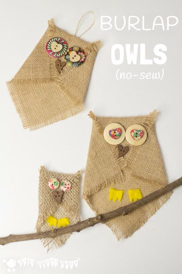 Burlap and button owls, three no sew burlap owls with wooden button eyes and yellow felt feet perched on a branch
