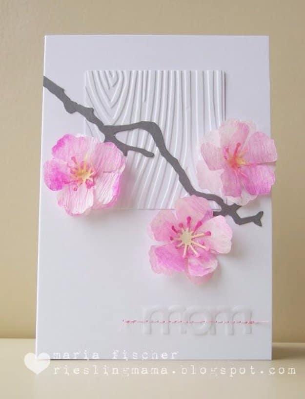 DIY Mothers Day Cards - Watercolored Cherry Blossoms Card - Creative and Thoughtful Homemade Card Ideas for Mom - Step by Step Tutorials, Best Quotes, Handmade Projects