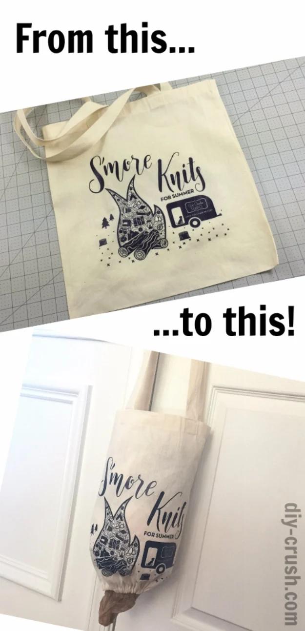 Grocery bag holder from a tote bag, a printed canvas tote converted to a hanging bag holder on a white cabinet door