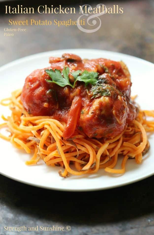 Sweet Potato Recipes - Italian Chicken Meatballs & Sweet Potato Spaghetti - Easy Recipe Ideas for Sweet Potatoes in the Crockpot, Casserole Dishes, Baked, Mashed, Candied and Roast