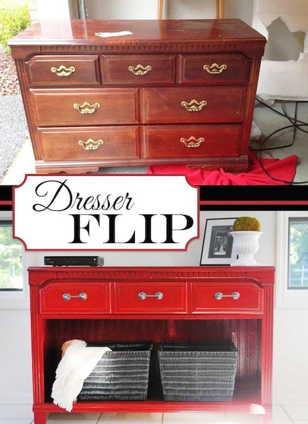 Three part collage of a dark brown thrifted dresser above the words Dresser Flip and the same piece painted red