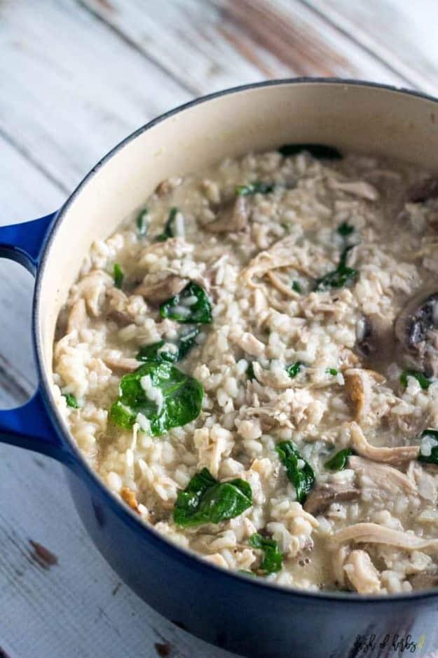 Creamy risotto with shredded chicken, mushrooms and baby spinach finished with grated Parmesan for an easy weeknight dinner