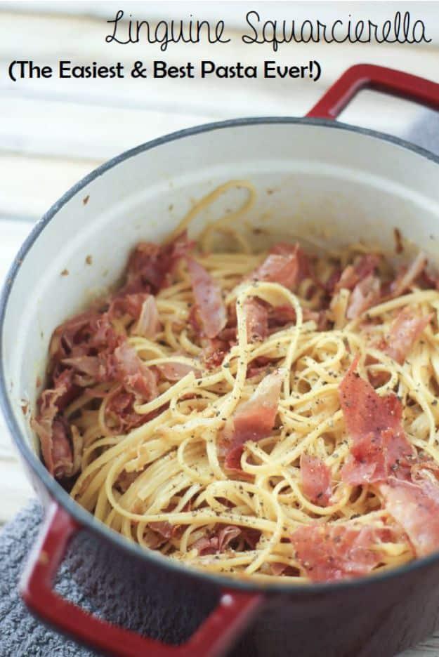 Linguine squarcierella, pasta tossed with egg, parmesan and crisp prosciutto in a red enameled cast iron pot