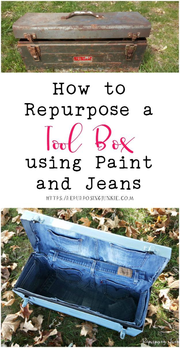 Blue Jean Upcycles - Repurpose a Toolbox using Paint and Jeans - Ways to Make Old Denim Jeans Into DIY Home Decor, Handmade Gifts and Creative Fashion - Transform Old Blue Jeans in