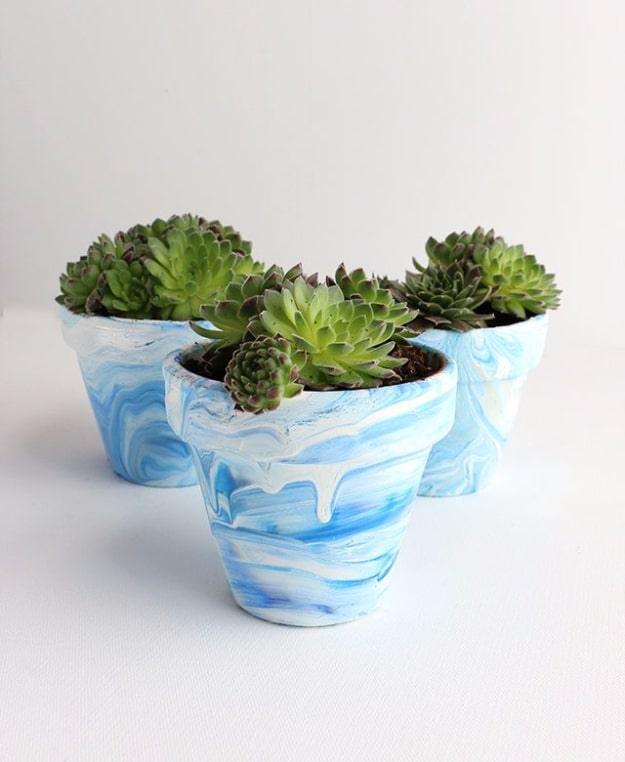 DIY Nail Polish Crafts - DIY Marbled Terra Cotta Pots - Easy and Cheap Craft Ideas for Girls, Teens, Tweens and Adults | Fun and Cool DIY Projects You Can Make With Fingernail Poli