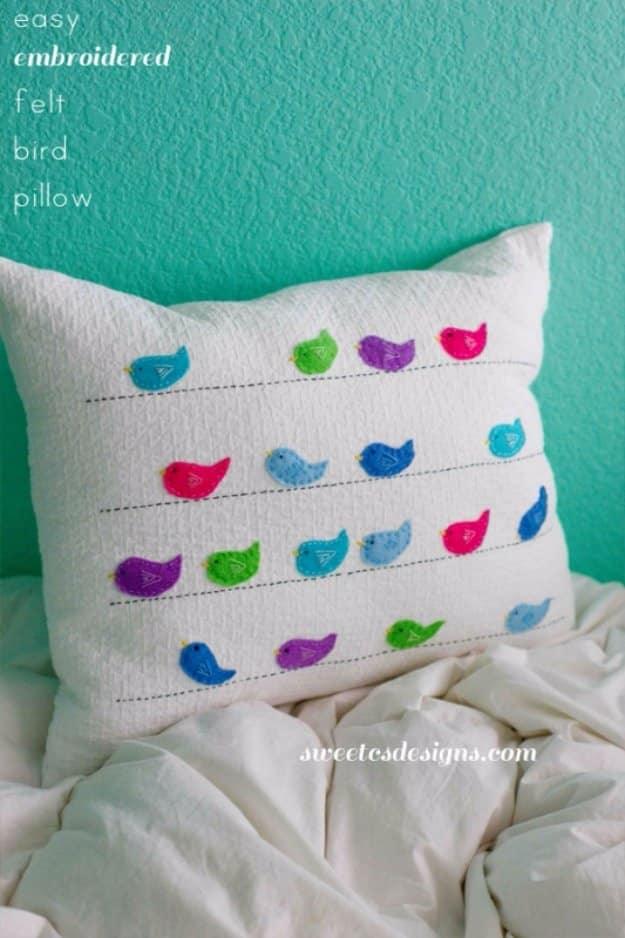 DIY Pillows and Creative Pillow Projects - Easy Embroidered Felt Birds Pillow - Decorative Cases and Covers, Throw Pillows, Cute and Easy Tutorials for Making Crafty Home Decor - S