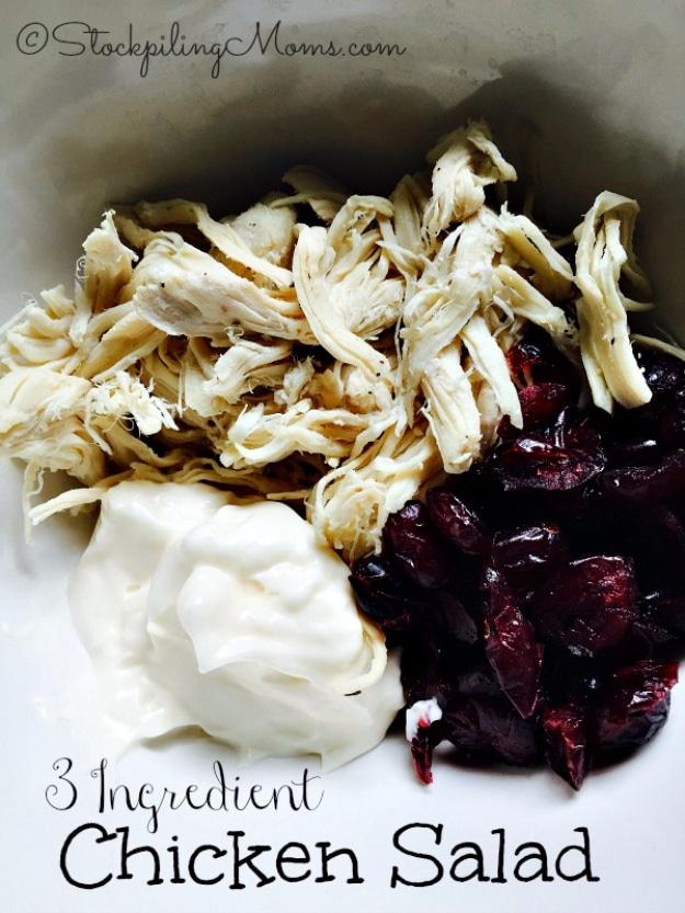 Shredded chicken salad with mayonnaise and dried cranberries, a simple 3 ingredient five minute lunch recipe