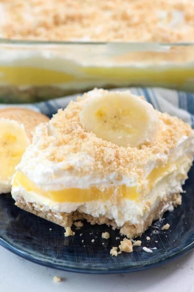 No bake banana pudding dream dessert with a Golden Oreo crust, cheesecake layer and banana pudding, an easy no bake dessert