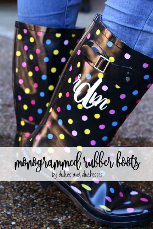 Monogrammed rubber boots, black rain boots covered in bright polka dots with a white script monogram