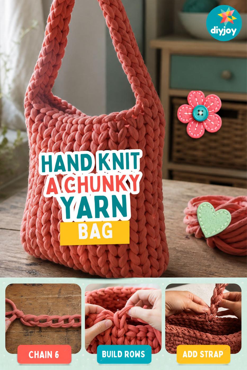 How to knit a yarn bag using only bulky yarn and scissors, with the finished strap attached to each side