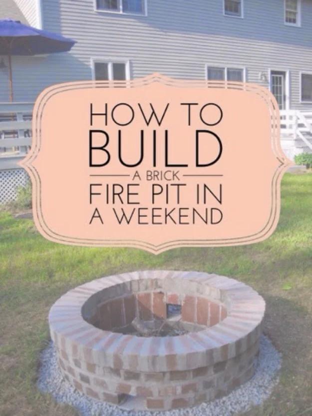Brick fire pit graphic reading How To Build A Brick Fire Pit In A Weekend above a round mortared brick pit
