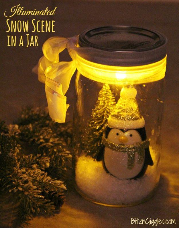 DIY Snow Globe Ideas - Illuminated Snow Scene in a Jar - Easy Ideas To Make Snow Globes With Kids - Mason Jar, Picture, Ornament, Waterless Christmas Crafts - Cheap DYI Holiday Gif
