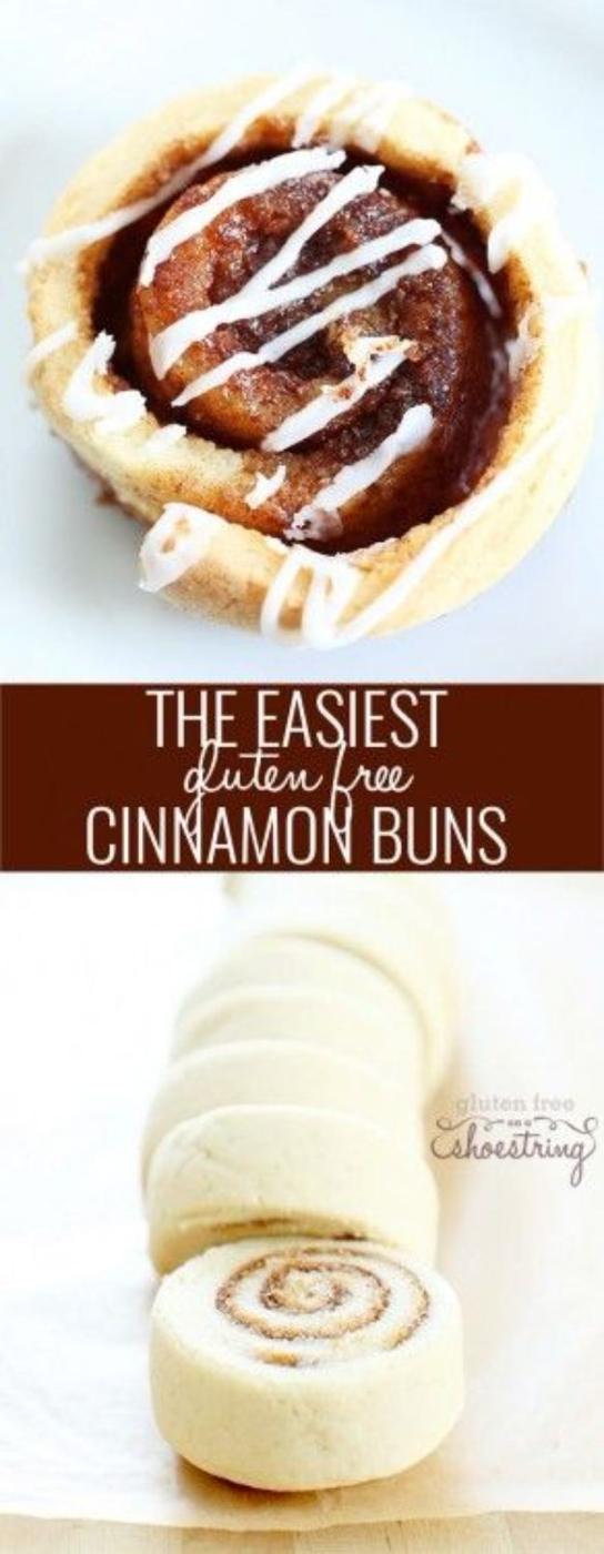 Yeast free gluten free cinnamon buns baked in a muffin tin and drizzled with a simple white vanilla glaze