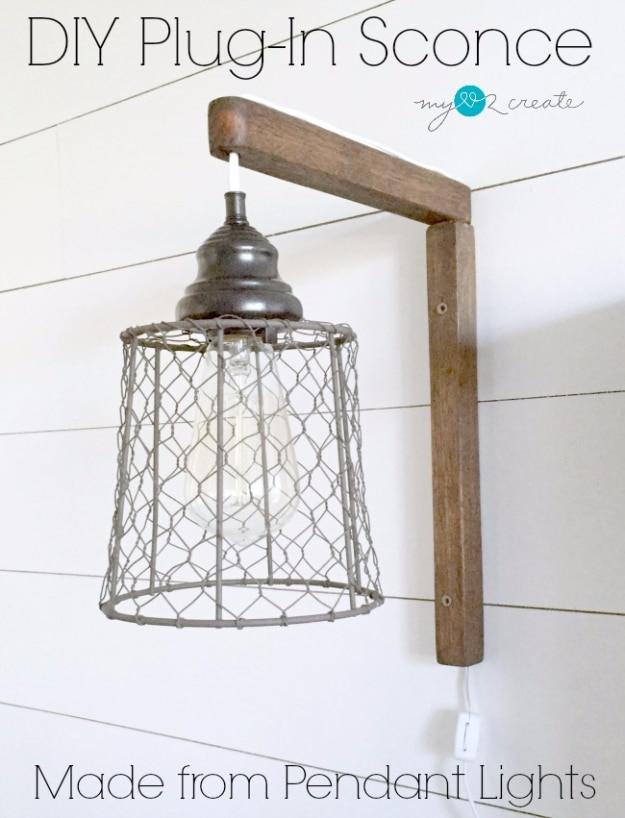 DIY Farmhouse Lights and Rustic DYI Decor Ideas - DIY Plug In Sconce From Pendant Lights - Rustic Ideas for Furniture, Paint Colors, Farm House Decoration for Living Room, Kitchen 