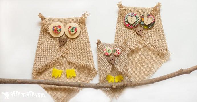 No sew burlap owl family craft with round wooden button eyes, a heart shaped beak and felt talons on a stick