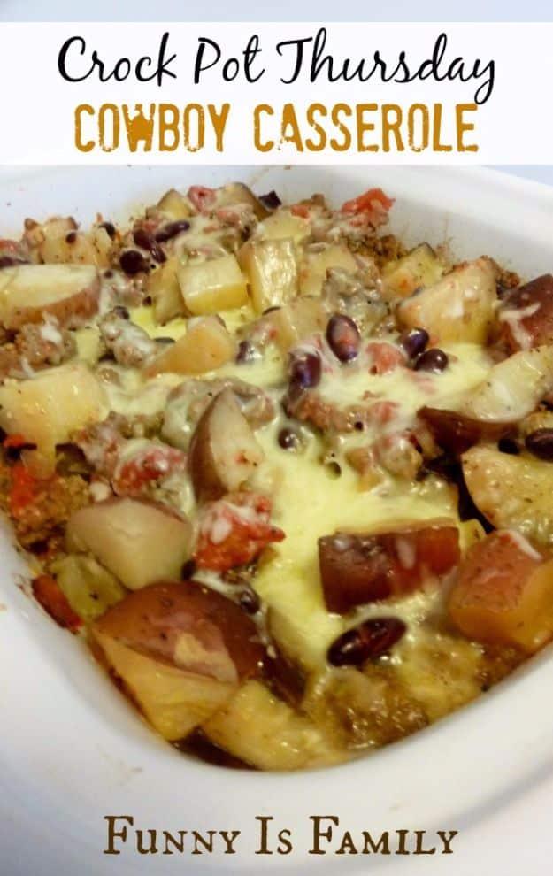 Crock pot cowboy casserole with potatoes, ground beef, kidney beans and melted cheddar in a slow cooker