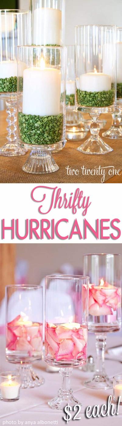 Rose petal centerpiece, two panels of hurricane vases on candlesticks, split peas and pillar candles above, pink petals below