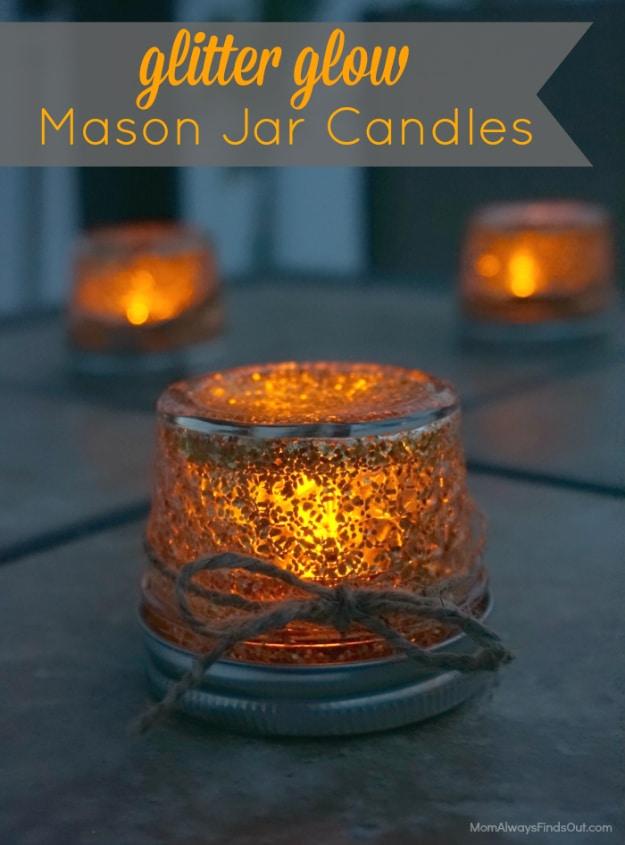 Best Mason Jar Crafts for Fall - Glitter Glow Mason Jar Candles - DIY Mason Jar Ideas for Centerpieces, Wedding Decorations, Homemade Gifts, Craft Projects with Leaves, Flowers and