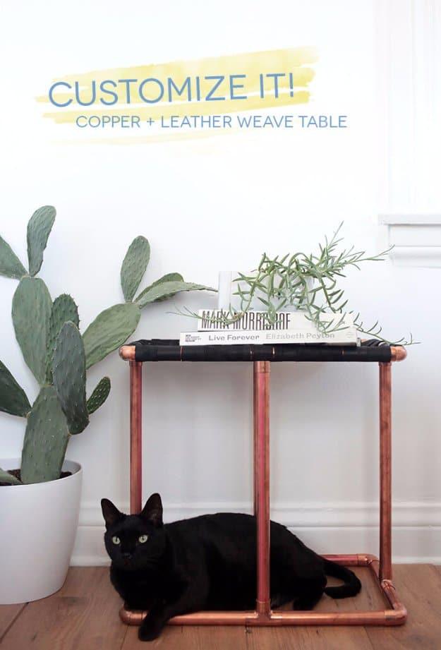 Copper And Leather Weave Side Table, doable even on a tight timeline and a clever way to use what you already own