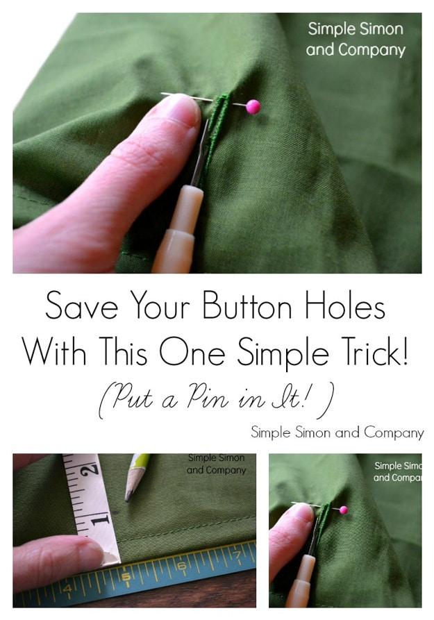 Sewing tip pin the button hole, a finger holding a pink headed pin across the end of a stitched buttonhole in green fabric