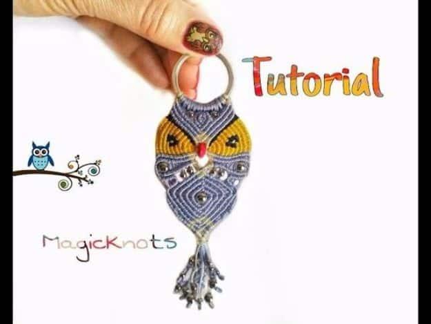 Micro Macrame Owl Key Chain, a budget friendly way to try a new fiber craft and a charming handmade gift idea