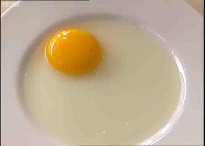 Stale eggs have a very flat yolk and watery white