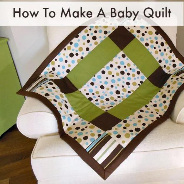 How to make a baby quilt graphic, olive, brown and dotted frames laid corner out over a cream armchair