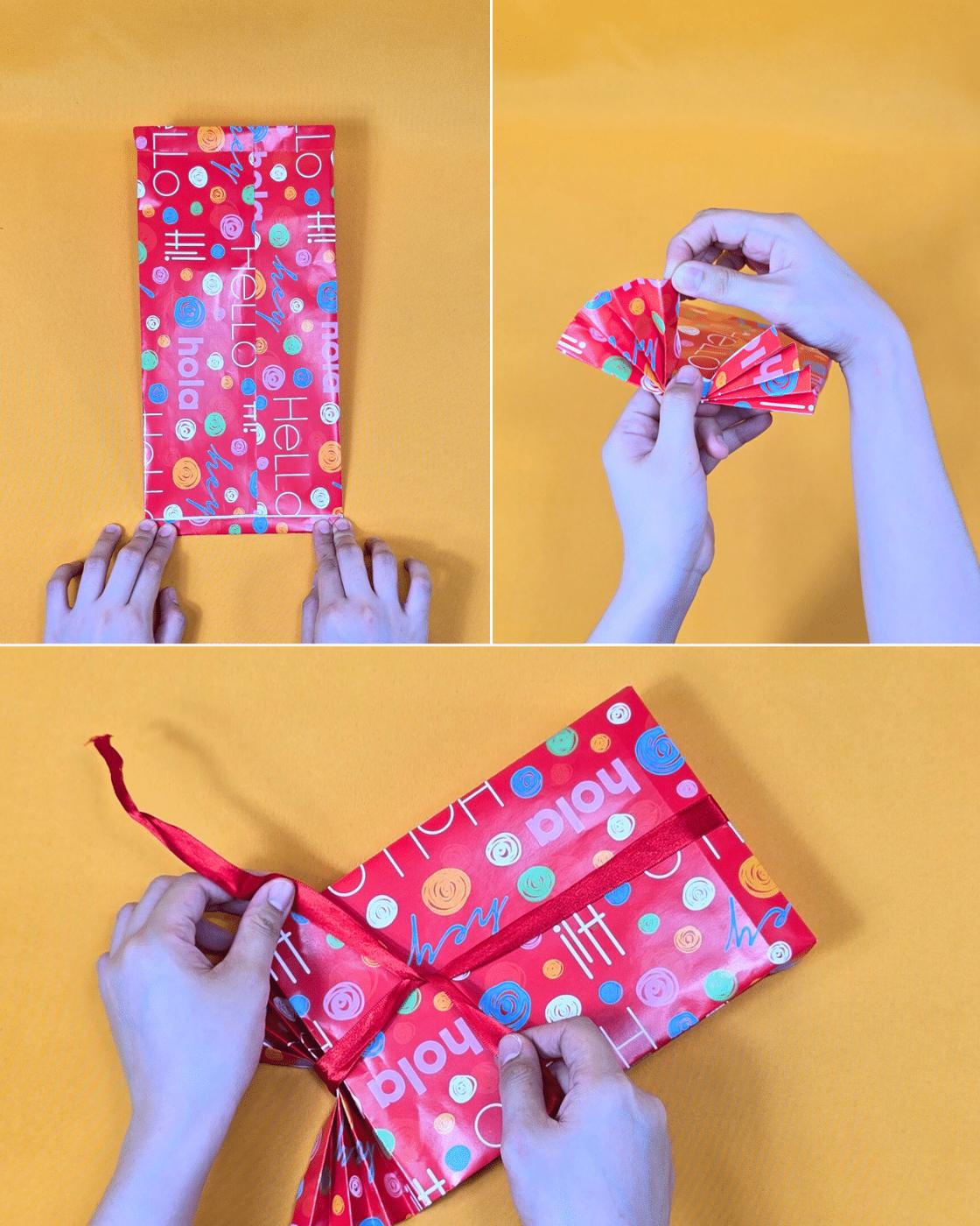 DIY Crafts - pleating a strip of matching wrapping paper into a fan and tying it with red ribbon