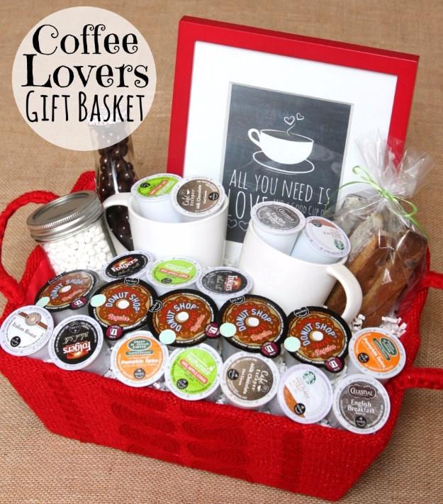 Housewarming gift idea filling a basket with coffee mugs and fresh grounds for a fun afternoon project