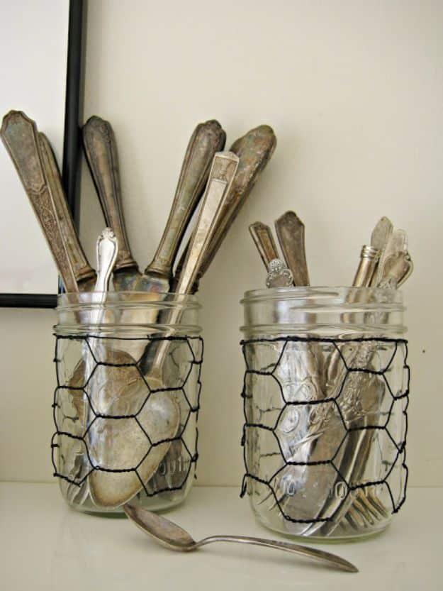Chicken Wire Glass Jar Covers, simple enough for a first attempt and a creative way to use up scraps