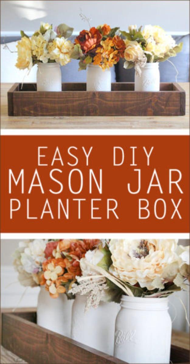 Best Mason Jar Crafts for Fall - Easy DIY Mason Jar Planter Box - DIY Mason Jar Ideas for Centerpieces, Wedding Decorations, Homemade Gifts, Craft Projects with Leaves, Flowers and