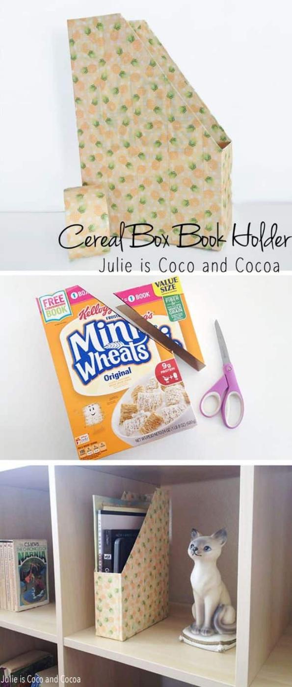 DIY Cereal Box Book Holder, one of the best picks on this list and an idea that is easy to recreate at home