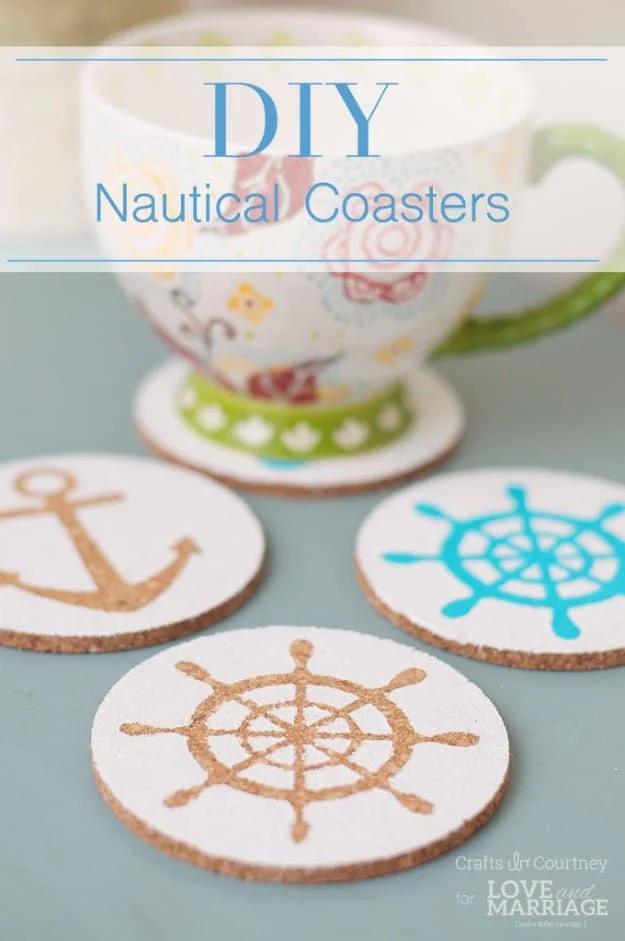 Nautical coasters made from Dollar Tree cork coasters given a quick painted nautical makeover for beach decor