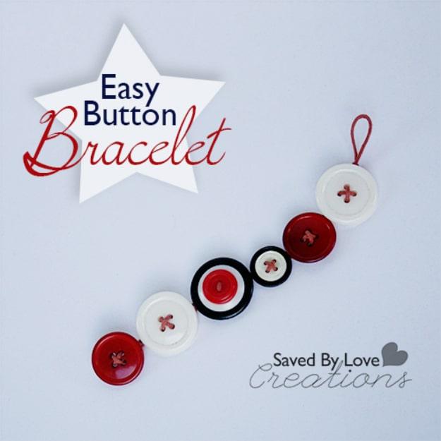 Easy button bracelet, a curved row of red, cream and black buttons with a thread loop fastening shown on a typeset graphic