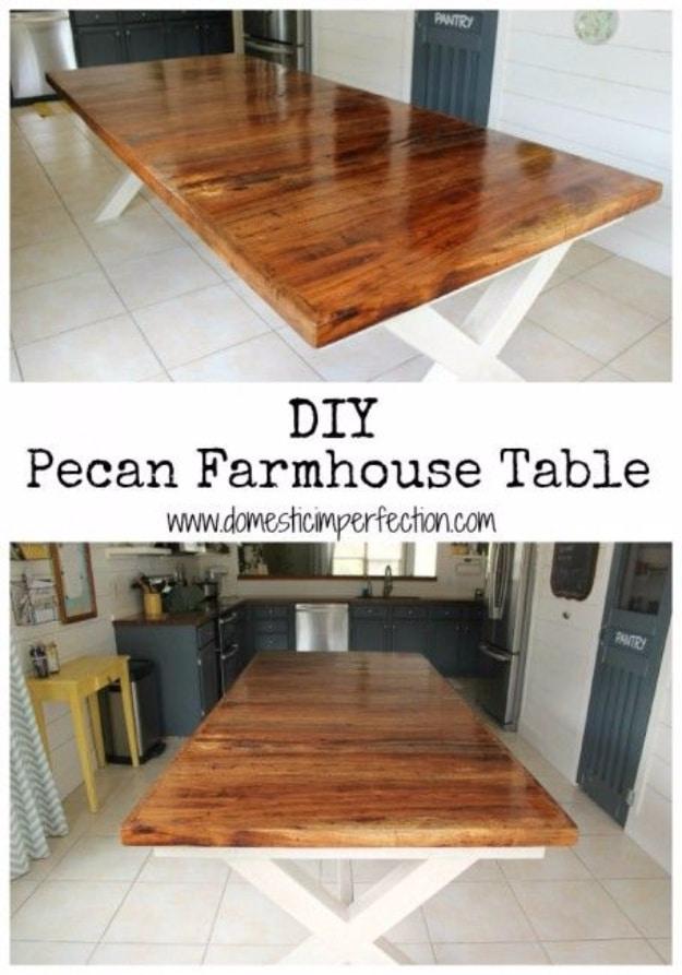 Pecan Farmhouse Dining Table, a reclaimed wood design, quick to set up on a rainy afternoon and a keepsake worth handing down