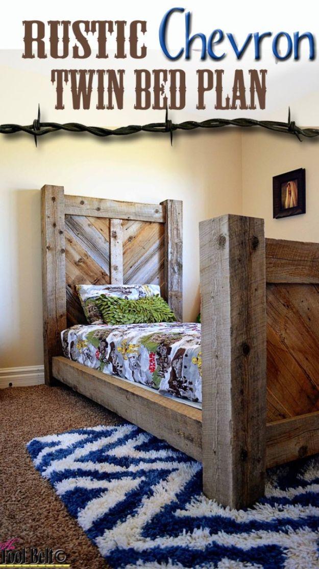 Rustic chevron twin bed plan graphic with a barnwood chevron headboard over a navy and white chevron rug
