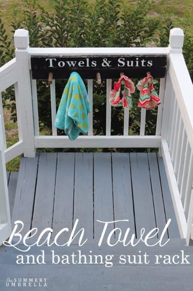 Beach Towel and Bathing Suit Rack, a backyard project idea, and a nice way to make a plain corner feel finished